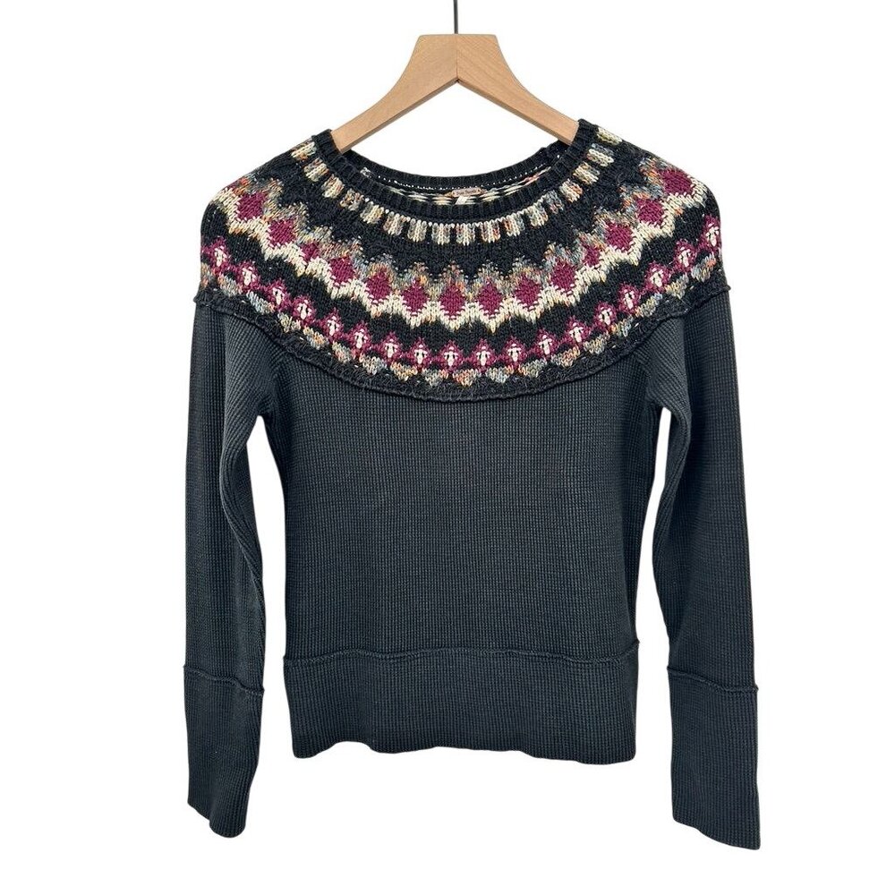 Free People Fair Isle Knit Black Sweater XS Multicolor Yoke Design